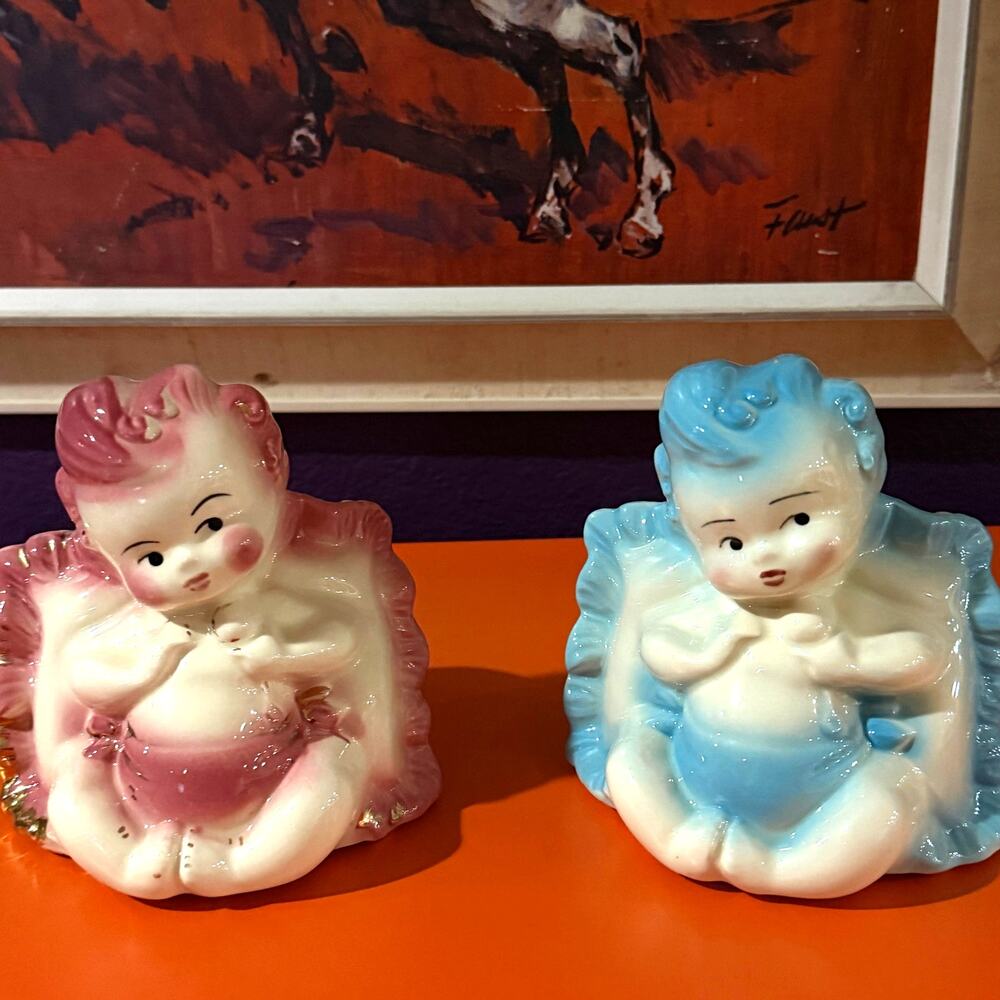 Hull Pottery Planters Pair Baby on Pillow Pink Blue 92 USA Figurine 1950s Retro